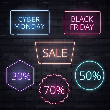 Set of sale signs neon frame light electric banners glowing on black brickwall background.Black friday Cyber monday 70 50 30 sale billboardsのイラスト素材