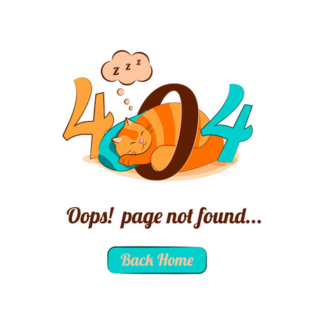 404 error page with cute cat sleeping and Warning message Oops Page Not Found.Search problem alert template for website design concept,vector illustrationのイラスト素材