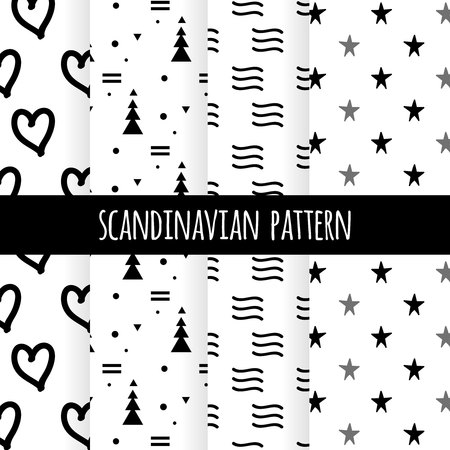 Set of Scandinavian design patterns, vector art graphic. Black and white cards in simple north style with cute hand drawn backdrops, Nordic abstract textures for baby prints, textile, postcards, decorations.のイラスト素材