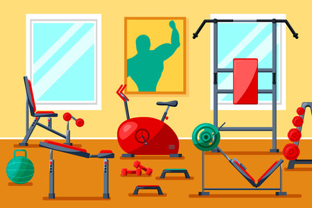 Sport fitness gym indoor interior club concept.Equipment for bodybuilding,weight training activity,healthy lifestyle,cardio workout exercises - dumbbells,barbells,treadmill,weights,horizontal barのイラスト素材