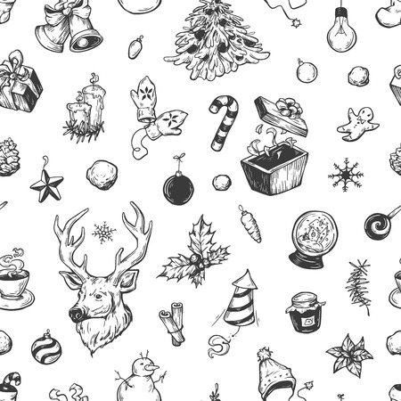 Hand drawn winter pattern. Christmas pattern. Winter elements. Deer, snowflakes, holly, christmas balls, snowballs, spruce, mitten, sweets, candles, gifts, cone.のイラスト素材