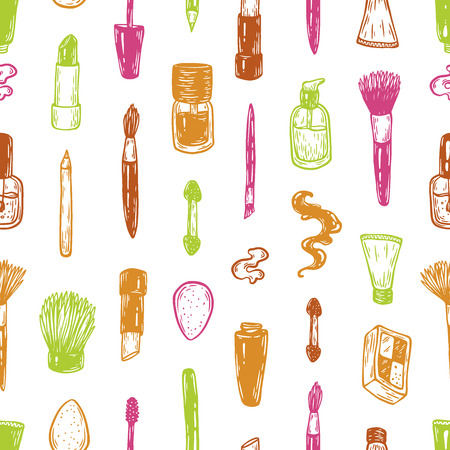 Beauty products and tools. Hand drawn vector pattern. Make-up products, cosmetics, perfumes, manicure tools. Brushes, lipstick, powder, eyeshadow, mascara.のイラスト素材
