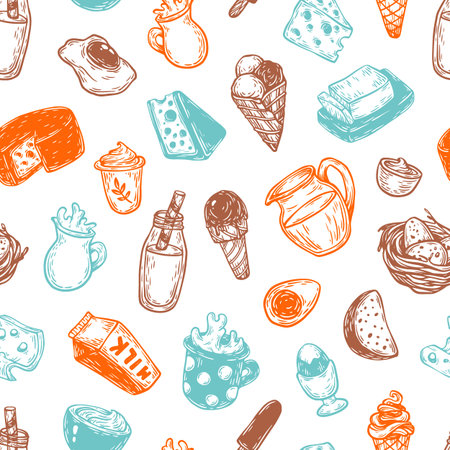 Hand drawn pattern with vector dairy products. Milk products: cheese, butter, yoghurt and different types of desserts. Breakfast products.のイラスト素材