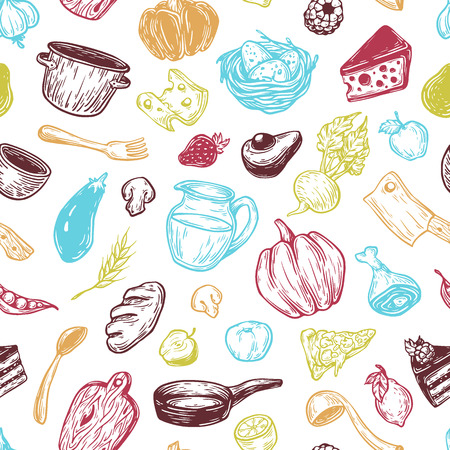 Kitchen pattern. Cooking pattern. Kitchenware, cookware, food, meal, vegetables and fruits.のイラスト素材