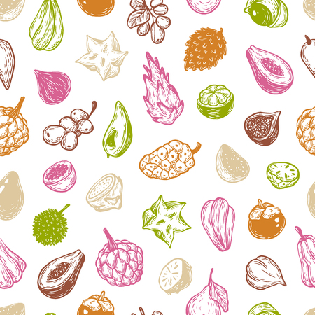 Pattern with hand drawn vector exotic fruits. Tropical fruits, seamless pattern. The most popular exotic plants. Dragon fruit, papaya, starfruit.のイラスト素材