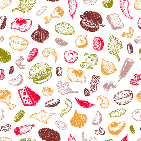 Burger ingredients. Hand drawn vector pattern with burgers, vegetables, different kinds of meat, sauce. Illustrations for cafe, menu, restaurant.のイラスト素材