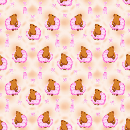 seamless pattern with an abstract background capybara girl in pink skirt and pointe shoes. Capybara ballerina dancing.の写真素材