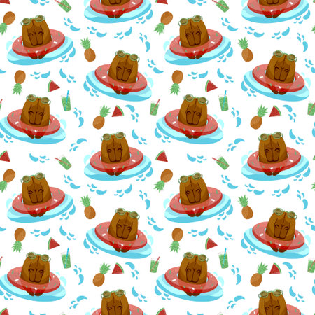 The pattern is seamless with a relaxing capybara a swimming circle with tropical fruits and a cocktailの写真素材