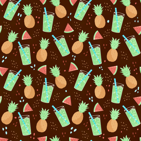 Seamless tropical pattern with watermelon slice, pineapple and cocktail on brown background.の写真素材