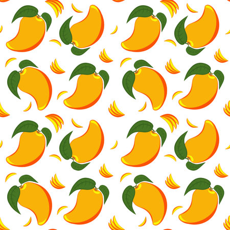 A pattern of juicy yellow-orange mangoes with leaves, whole fruits and slices.の写真素材