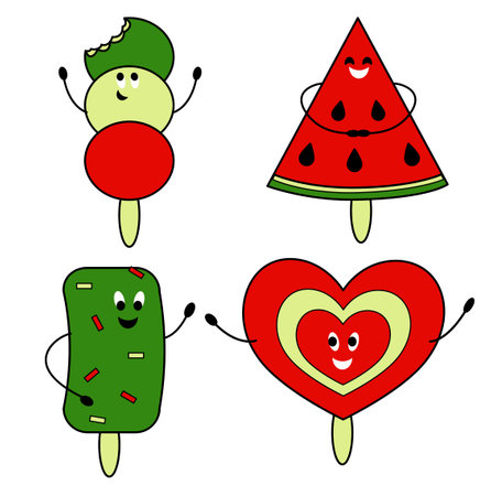 A group of isolated objects on a white background in the form of popsicle ice cream of different shapes and flavors.のイラスト素材