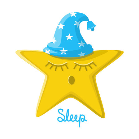 Children's illustration of a sleeping star in a nightcap and lettering sleeping on a white background.のイラスト素材