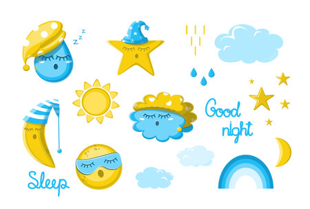 Cartoon elements of the weather. Sleeping drop, moon and stars, rainbow and fluffy clouds. Natural objects and text.のイラスト素材