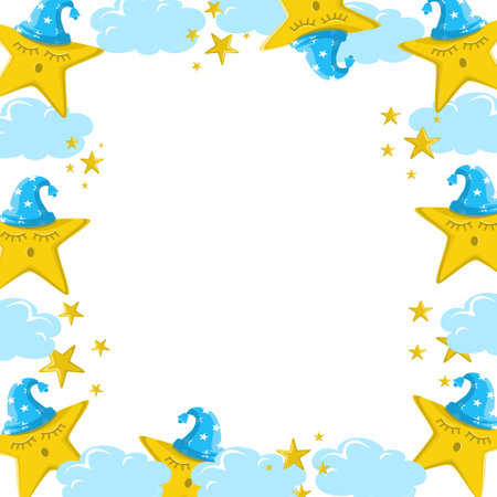 Square frame with sleeping stars in a night cap against the background of cloudsのイラスト素材