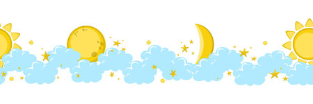 Seamless vector banner with full moon and moon image among clouds and stars.のイラスト素材