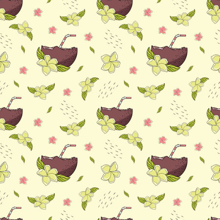 Pattern with cocktails in coconuts and plumeria on a yellow background.のイラスト素材