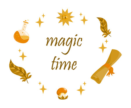 childrens magic elements, the inscription time of magic in a wreathのイラスト素材