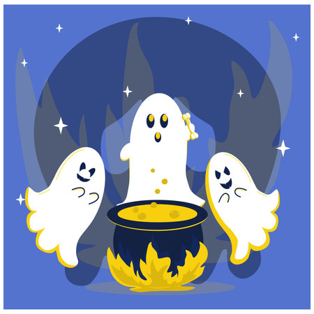 with ghosts conjuring over a witchs cauldron with boiling potion on fire