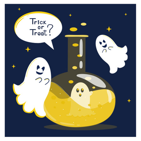 A postcard with funny ghosts scaring another ghost in a potion flaskのイラスト素材