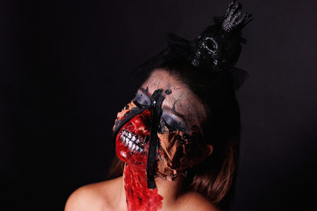 Portrait of dark quin from horror movie. Creative design body art, new idea for Halloween party...