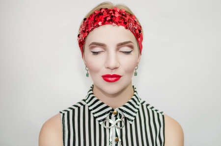 Portrait perfect woman face. Stylish headband with sequins, silver expensive jewelry necklace, black...