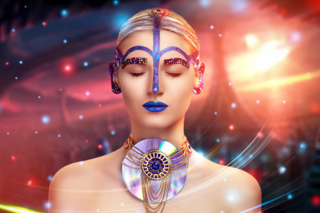 Portrait of beautiful young girl, woman, lady, model, alien. Universe, planet, technology, space. Bright creative makeup, blue lips, ears, multicolored rhinestones, eyebrows. Stylish decoration.の写真素材