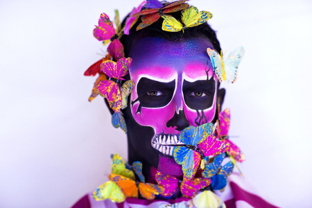 New creative calavera is a representation of human skull. applied to decorative make up the Mexican celebration of the Day of the Dead Dia de los Muertos and the Roman Catholic holiday All Souls Day.の写真素材