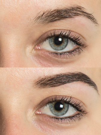 Perfect Eyebrows Before After. Two photos of eyes, eyebrows before & after correction. care and review of the eyes, light brown coloring, natural, perfect shape, procedure. Care, thin out, pull out.の写真素材