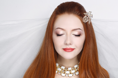 New perfect beautiful bride woman girl lady princess prepare wedding. white long veil, crystals diamond clip hair. Professional make up bright eyes, beige lips lipstick. background clippingの写真素材