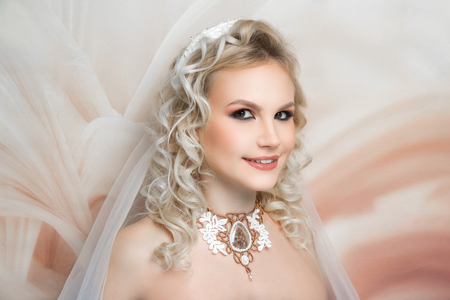 Beautiful bride Russia style. Close-up portrait beauty girl woman lady, volume hair-do. Luxury hair styling. Shiny shadows make-up lip-gloss lipstick. Professional photo model person horizontal bannerの写真素材
