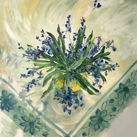 Spring flowers in a yellow vase. Blue Bells, Cornflowers. Still life on a white tablecloth with patterns embroidered in technique of gzhel. Large brush strokes artist realistic painting. Triangle formの写真素材