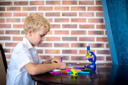 Happy cheerful boy came up with an idea. Young pupil student is sitting in a room near a brick wall,...