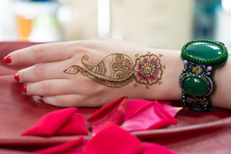 Oriental Picture On Woman Hand Palm Horizontal Banner Mehendi