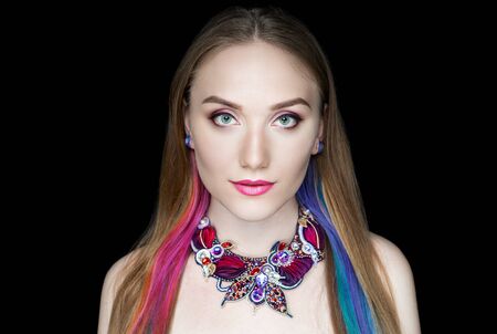 Close up portrait beautiful adult woman girl, design art jewellery, hairstyle. Face Fashion model, stylish trendy make up, glossy lipstick lipgloss. Pretty girl posing at studio, new horizontal bannerの写真素材