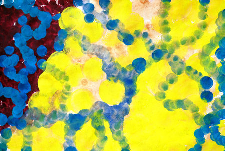 Drawing of bright colours composition pointilism style, yellow sun splash elements. Picture contains...