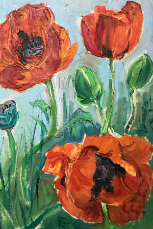 Oil paints, expressive strokes on canvas. Vertical painting in a frame, art work in the gallery. Gorgeous flower still life. Spring or summer flowering plants, bloom. Red poppies in the flower bedの写真素材