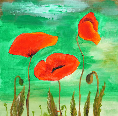 Oil paints, expressive strokes on canvas. Modern art realism, exposition work in the gallery. Gorgeous flower still life. Spring or summer flowering plants, bloom. Red poppies, flower bed. symbol loveの写真素材