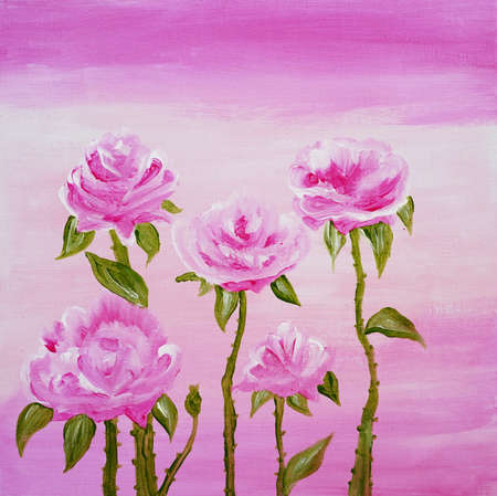 New Oil paints, expressive strokes on canvas. Square painting, work of art in the gallery. Gorgeous flower still life. Spring or summer flowering plants, bloom. Multicolored pink white roses in a vaseの写真素材