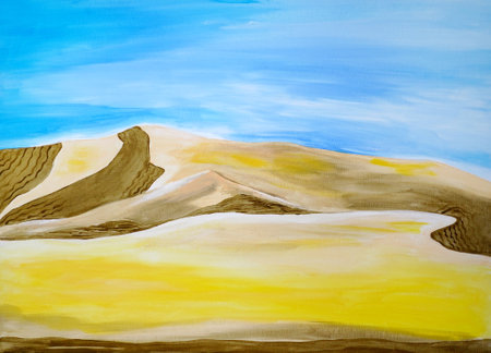 Landscape in the desert. Far away hills. Relaxing sand, blue sky, white clouds, sunset. Yellow huge Dunes, beige mountains, brown rocks. Beautiful painting in oil, acrylic, watercolor. New Modern artの写真素材