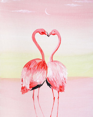 Two flamingos in love. Beautiful pink sunset, dawn. Romantic atmosphere. Thin moon in the sky. Beautiful painting in oil, acrylic or watercolor. Banner for salon, interior, restaurant. Print on fabricの写真素材