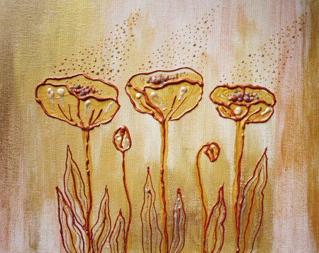 Artistic painting bouquet of golden poppies, magic flowers. Picture contains interesting idea, evokes emotions, aesthetic pleasure. Canvas stretched, cardboard, oil natural paints. Concept art textureの写真素材