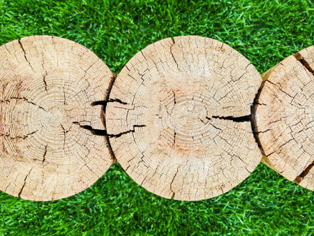 Several tree trunks. Cross section. Cross section of logs texture. Wood tree trunk texture, close-up on a background of green grass. Located transverselyの写真素材