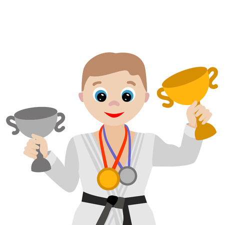 Vector illustration. Cartoon judoka with cups and awards isolated on white backgroundのイラスト素材