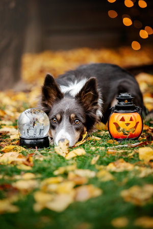 Halloween and Thanksgiving Holidays. Dog with pumpkins in the forest. Border Collie dogの写真素材