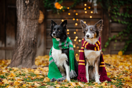 Halloween and Thanksgiving Holidays. Dog with pumpkins in the forest. Border Collie dogの写真素材