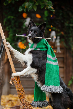 Halloween and Thanksgiving Holidays. Dog with pumpkins in the forest. Border Collie dogの写真素材