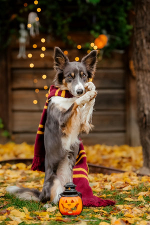 Halloween and Thanksgiving Holidays. Dog with pumpkins in the forest. Border Collie dogの写真素材