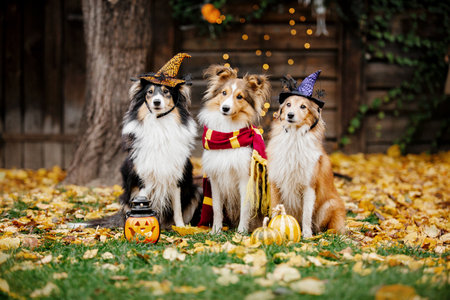 Dog with pumpkins. Shetland Sheepdog. Thanksgiving day. Fall season. Halloween holidays. Sheltie dog breedの写真素材