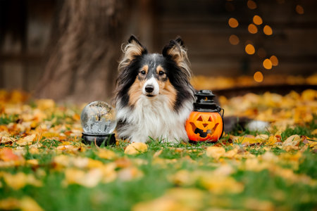 Dog with pumpkins. Shetland Sheepdog. Thanksgiving day. Fall season. Halloween holidays. Sheltie dog breedの写真素材