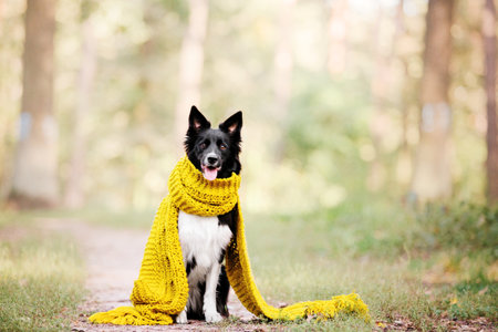 Border Collie Dog portrait in autumn. Fallen leaves. Golden autumn season. Indian summerの写真素材
